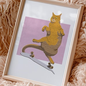 Cat Art. Whimsical Wheeled Whisker Wizards - Kickflip. Skateboarding Cat Illustration. Skate Art. Cat Lovers Gift. Fun Feline Art. Animals
