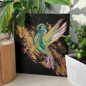 Pintura a óleo, pintura acrílica, pássaro, pintura, decoração de interiores, design de interiores, ideia para presente, feito à mão, arte, beija-flor, dourado, fundo preto