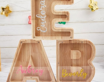 Personalized Wooden Alphabet Piggy Bank, Custom Name Coin Bank, Kids Wood Gift