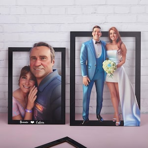 Niestandardowa rodzinna ramka na zdjęcia 3D w stylu Pixara, 3D drewniana rodzinna fototapeta z kreskówkową postacią, Niestandardowy portret pary z kreskówek, Prezent na Walentynki, Prezent rocznicowy