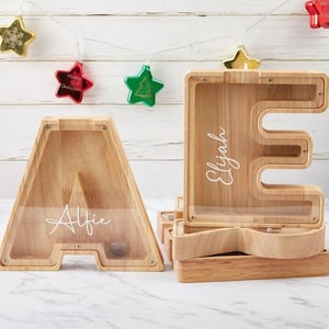 Alcancía con inicial personalizada y nombre, alcancía de madera con letras, alcancía de madera, alcancía con nombre personalizado, alcancía hecha a mano.
