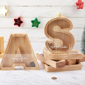 Alcancía con letras personalizadas para niños, alcancía de madera personalizada con el alfabeto, regalo para baby shower, alcancía con monedas, regalo de Navidad para recién nacidos.