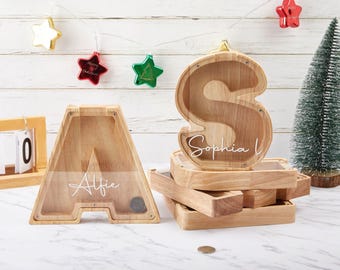 Personalized Wood Alphabet Piggy Bank, Custom Name Coin Bank, Baby Gift