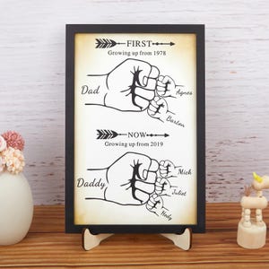 Fist Bump Dad And Kids Framed Sign, Personalized Dad Wooden Plaque, Custom Kid&#39;s Name Wooden Sign, Father&#39;s Day Gift, Grandpa Gift
