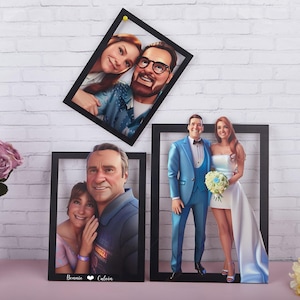 Pintura de pared familiar de dibujos animados de madera 3D personalizada, pintura fotográfica 3D, retrato de dibujos animados de pareja personalizado, regalo de pareja, regalo familiar, regalo de aniversario