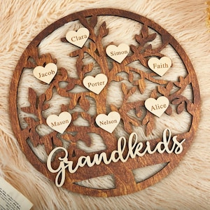 Aangepaste houten stamboomplaquette, gegraveerde namen kleinkinderen aan de muur, gepersonaliseerd bord stamboom, aangepast Moederdagcadeau, beste moeder