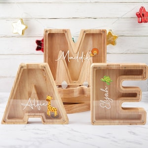 Personaliza alcancías de madera con patrones de nombres, alcancías con letras iniciales personalizadas, tarros de cambio, regalos personalizados para niños