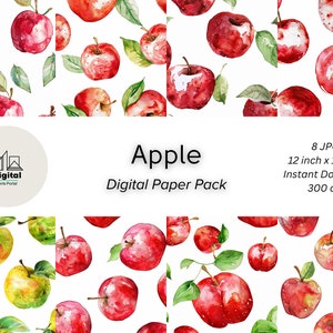 Op de afbeelding: Digitaal papierpakket met acht naadloze patronen met aquarel illustraties van rode appels op een witte achtergrond. Het pakket bevat JPG-bestanden van 30 cm x 30 cm met 300 dpi.