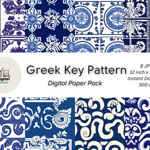 Greek Key Digital Paper Pack | Deep Blue & White Mediterranean Patterns | Classic Seamless Designs | Printable Art | Instant Download