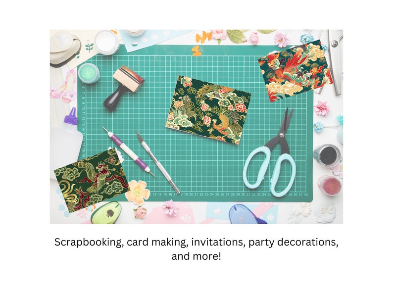 May include: A green cutting mat with a grid pattern, surrounded by craft supplies, including scissors, a stamp, and patterned paper with a phoenix design. The text "Scrapbooking, card making, invitations, party decorations, and more!" is visible at the bottom of the image.
