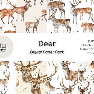 Könnte beinhalten: Ein digitales Papierpaket mit acht nahtlosen Mustern im Format 12 Zoll x 12 Zoll, die Aquarell-Illustrationen von Hirschen in verschiedenen Posen zeigen. Die Muster sind in Braun-, Weiß- und Beigetönen gehalten.
