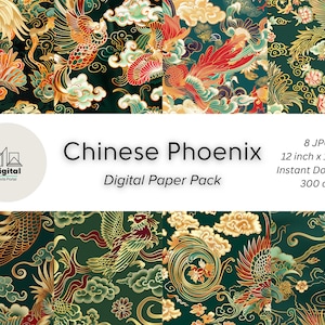 Paquet de papier numérique chinois Phoenix | Motif d'art chinois | Papier numérique Phoenix asiatique | Art imprimable | Modèle sans couture | Téléchargement instantané