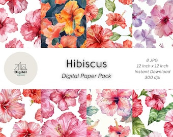 Papel digital de acuarela de hibisco: Estampados florales tropicales (Descarga digital)