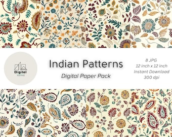 Indian Floral Block Print Patterns: Seamless Vintage Designs (Digital Download)