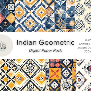 Pakiet papieru cyfrowego Indian Block Geometryczny | Tradycyjne motywy | Geometryczny indyjski wzór tekstylny | Wzór bezszwowy | Natychmiastowe pobranie