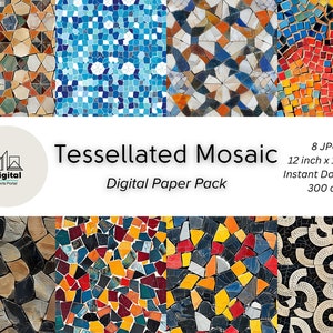May include: A digital paper pack with 8 different mosaic patterns. Each pattern is 12 inches by 12 inches and has a 300 dpi resolution. The patterns feature various colors and shapes, including blue, red, yellow, green, and black.
