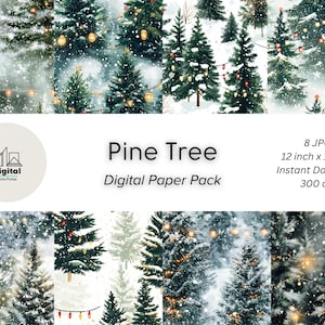 Digitaal papier pijnbomen | Wintermist en besneeuwde bospatronen | Besneeuwde dennen | Rustige vakantieachtergronden | Direct downloaden | Sereen bos