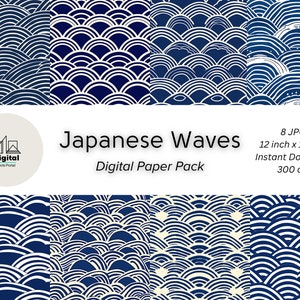 Paquete de papel digital japonés Seigaiha / Mar azul y olas / Motivo tradicional japonés / Arte imprimible / Patrón sin costuras / Descarga instantánea