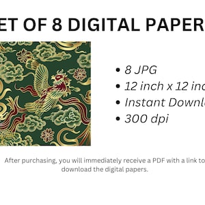 May include: A set of 8 digital papers featuring a repeating pattern of gold and red phoenixes on a green background. The papers are 12 inches by 12 inches and 300 dpi.