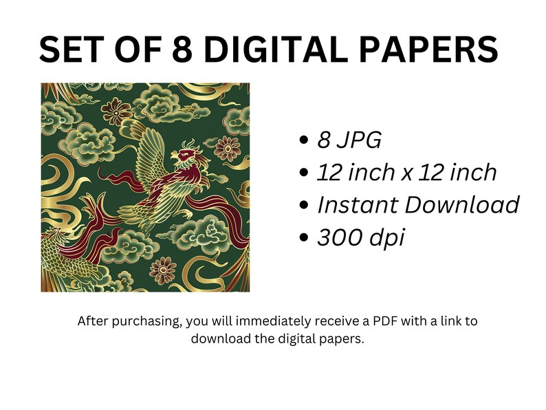 May include: A set of 8 digital papers featuring a repeating pattern of gold and red phoenixes on a green background. The papers are 12 inches by 12 inches and 300 dpi.