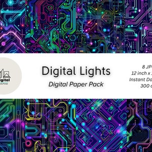 Neon Tech Digital Paper Pack: Futuristic Circuitry (Instant Download)