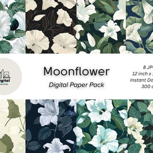 Moonflower Digital Paper Pack | White Floral Art | Printable Floral Art | Floral Digital Design | Seamless Pattern | Instant Download