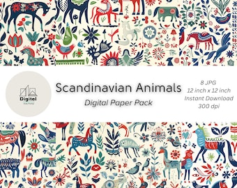 Scandinavian Folk Art Animals Digital Paper Pack | Scandinavian Animal Digital Art | Nordic Pattern | Seamless Pattern | Instant Download