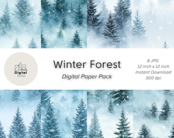 Carta digitale Foresta invernale innevata: Pini nella nebbia (download immediato)