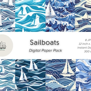 Puede incluir: Un paquete de papel digital con ocho patrones sin costuras que presentan veleros sobre olas azules y blancas. Los patrones son de 30,48 cm x 30,48 cm y 300 dpi.