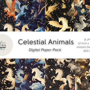 Digitaal papieren pakket mystieke dieren | Eenhoorns, draken en feniksen | Fantasiepatroon | Naadloos afdrukbaar patroon | Direct downloaden