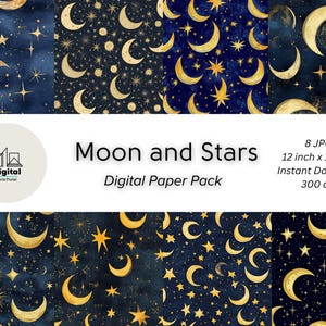Pacchetto di carta digitale Celestial Moons & Stars / Crescent Moons, Stars, and Constellations / Modelli Gold Midnight Blue / Download immediato