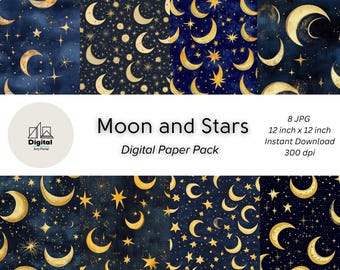 Peut inclure: Un pack de papier numérique avec 8 motifs sans couture représentant des lunes et des étoiles dorées sur un fond bleu foncé. Le pack comprend des fichiers JPG de 30,5 cm x 30,5 cm à 300 dpi.