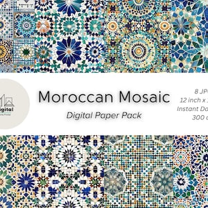Marokkaans mozaïek digitaal papierpakket | Marokkaans mozaïekpatroon | Digitale tegelontwerpen | Afdrukbare kunst | Naadloos patroon | Direct downloaden