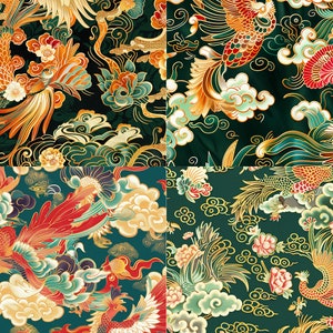 May include: A seamless pattern featuring a repeating design of stylized phoenixes with red, gold, and green plumage flying through clouds on a dark green background.