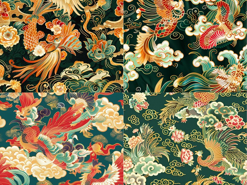 May include: A seamless pattern featuring a repeating design of stylized phoenixes with red, gold, and green plumage flying through clouds on a dark green background.