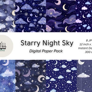 Może przedstawiać: Pakiet papieru cyfrowego z 8 różnymi wzorami przedstawiającymi nocne, gwieździste niebo z chmurami, gwiazdami i księżycami w kształcie półksiężyca. Wzory są w odcieniach niebieskiego, fioletowego i białego. Tekst "Starry Night Sky" i "Digital Paper Pack" jest wyświetlany w środku obrazu.