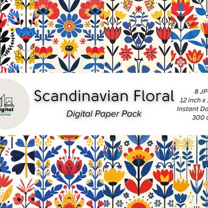 Pacchetto di carta digitale floreale folk scandinavo / modello di fiori nordici / fiori scandinavi / modello senza soluzione di continuità / download istantaneo / stampabile