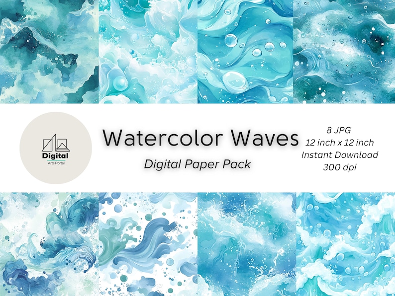 Watercolor Ocean Waves Digital Paper: Seamless Teal & Blue (instant ...
