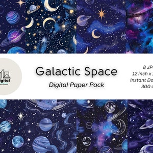 Puede incluir: Un paquete de papel digital con 8 patrones de temática espacial con planetas, estrellas y lunas sobre un fondo azul oscuro. Los patrones son de 30,48 cm x 30,48 cm y 300 dpi.