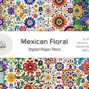 Mexikanische Talavera Floral Digital Paper Pack | Helle blühende Blumen | Mexikanische Blumenmuster | Nahtloses Muster | Sofort Download