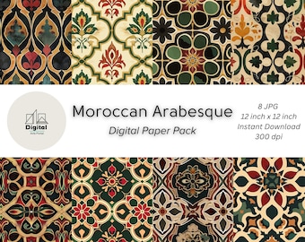May include: A digital paper pack with 8 Moroccan Arabesque patterns. Each pattern is 12 inches by 12 inches and features intricate geometric designs in shades of red, green, black, and gold.
