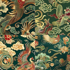May include: A seamless pattern featuring a repeating design of gold and red phoenixes flying through clouds on a dark green background.