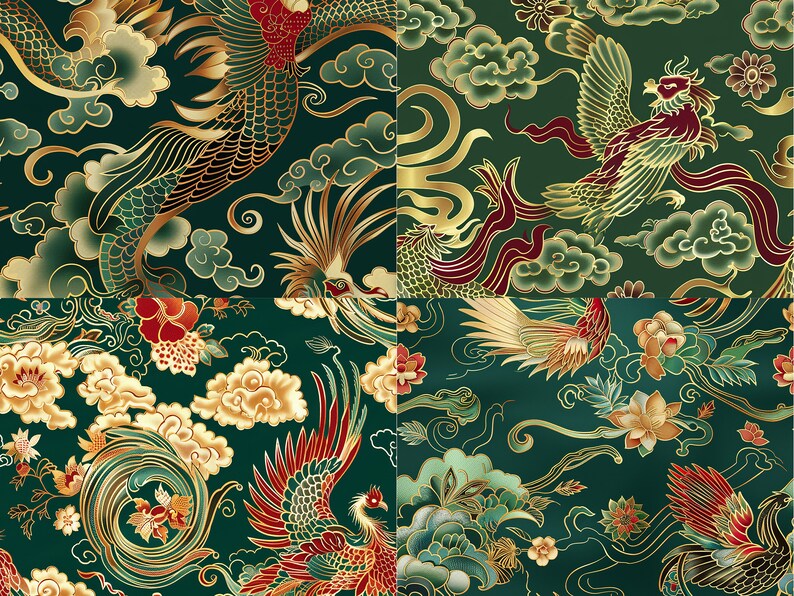 May include: A seamless pattern featuring a repeating design of gold and red phoenixes flying through clouds on a dark green background.