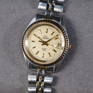 Könnte beinhalten: Eine zweifarbige Timex Indiglo Quarzuhr mit einem silber- und goldfarbenen Metallgliederarmband. Die Uhr verfügt über ein rundes, champagnerfarbenes Zifferblatt mit goldfarbenen Stundenmarkierungen, ein Datumsfenster bei drei Uhr und eine geriffelte Lünette.