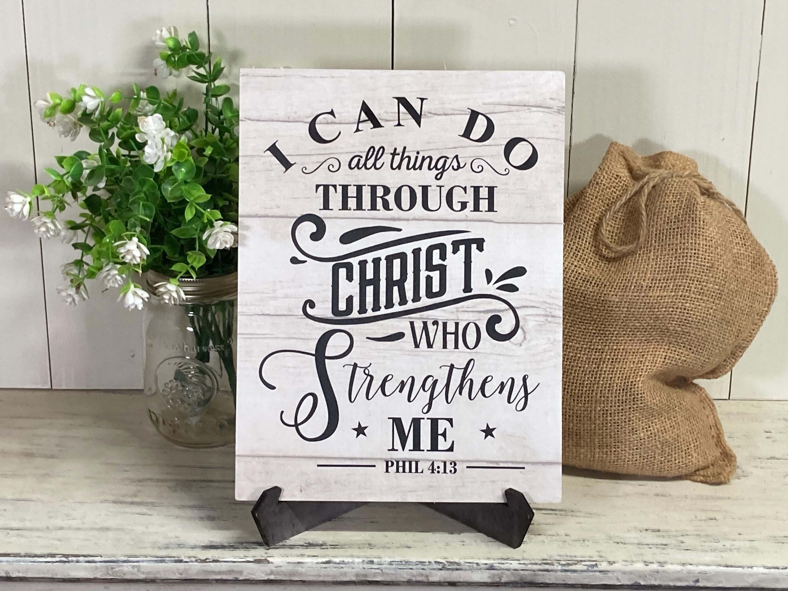 Targa in legno vintage con scritta I Can Do All Thing Through Christ Who Strengthens Me