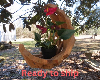 hanging crescent half moon wooden flower planter, flower lovers gift, ready to hang outdoor flower planter