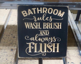 bathroom rules lightly distressed wood sign, laundry room decor