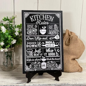 Letrero de madera para colgar en la pared con las reglas de la cocina, reglas de la cocina, cocina de mamá, cómelo o muere de hambre, cocinar en la cocina, pollo frito de mamá