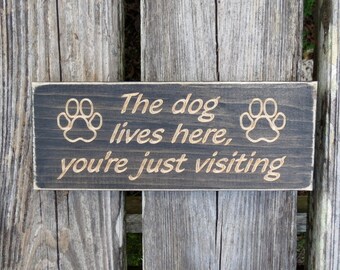 May include: A dark brown wooden sign with the text "The dog lives here, you're just visiting" in a light brown color. The sign has two paw prints on either side of the text.