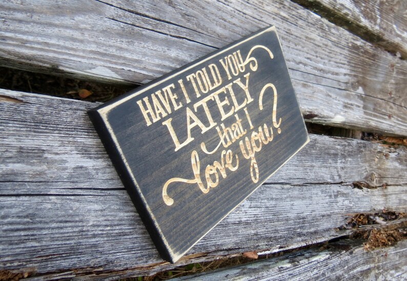 May include: Black wooden sign with gold lettering that reads "Have I told you lately that I love you?"